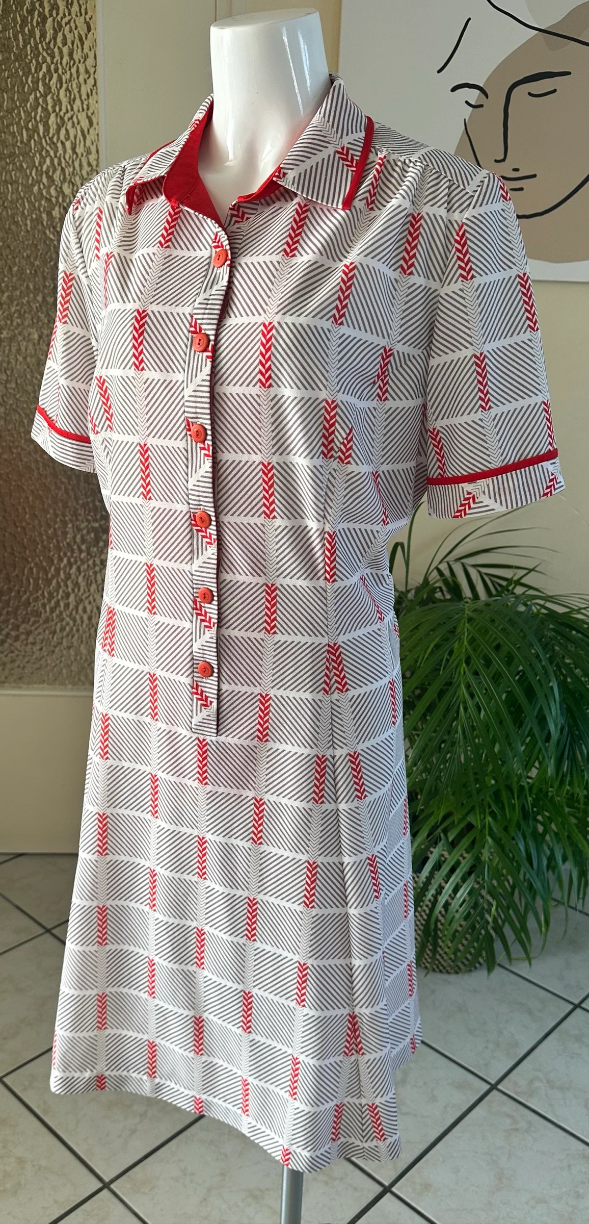Vintage gewatteerde jurk rood en beige maat 42 – Perfecte staat – photo 6